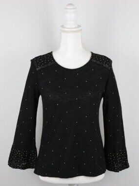 Lucky Brand Women's Small Black Cream Polka Dot 3/4 Bell Sleeve Knit Blouse